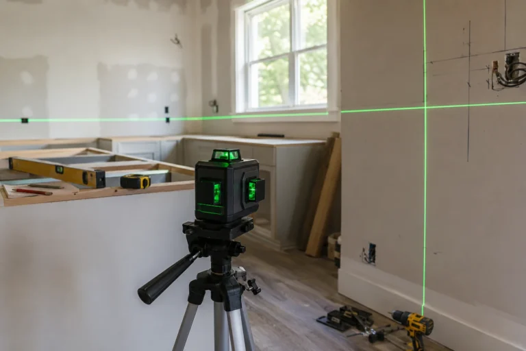 Poziomica laserowa 360 na statywie wyznaczająca zielone linie podczas remontu kuchni