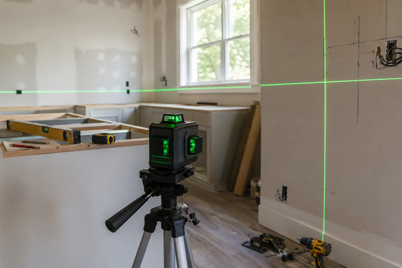 Poziomica laserowa 360 na statywie wyznaczająca zielone linie podczas remontu kuchni