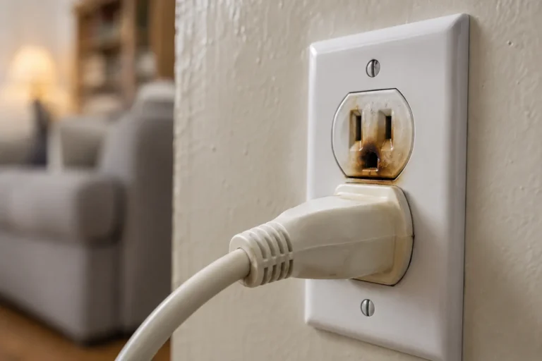 Przypalone gniazdko elektryczne z podłączoną białą wtyczką