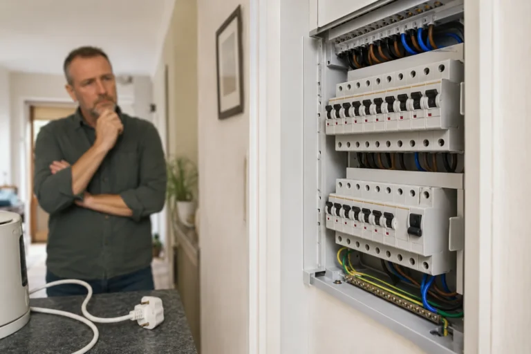 Mężczyzna sprawdzający rozdzielnicę elektryczną po wybiciu różnicówki