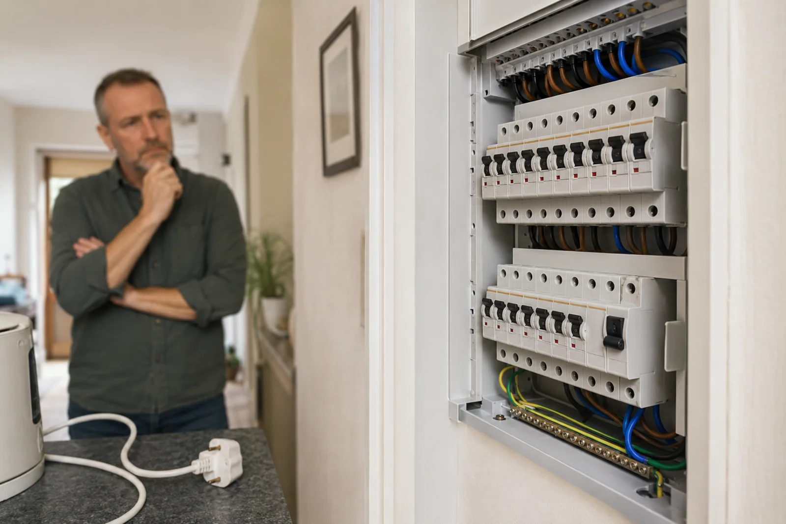 Mężczyzna sprawdzający rozdzielnicę elektryczną po wybiciu różnicówki