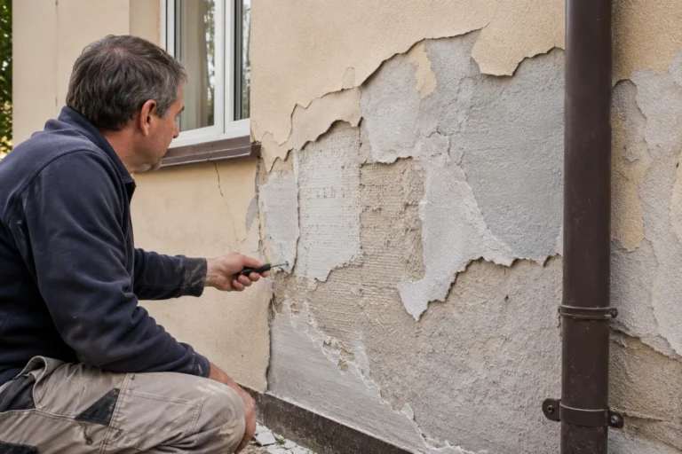 Mężczyzna sprawdza szpachelką odspajający się płatami tynk elewacyjny na ścianie domu