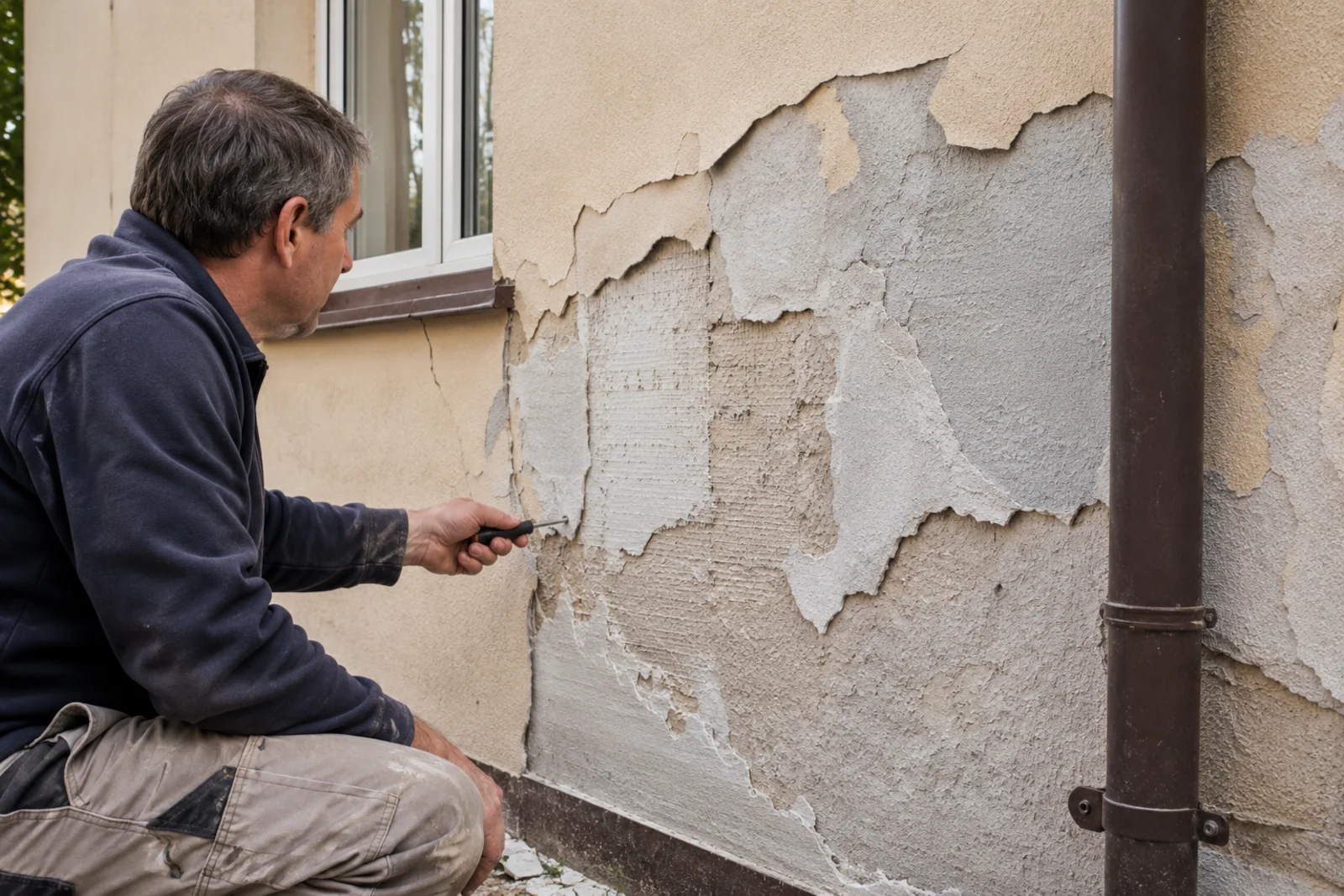 Mężczyzna sprawdza szpachelką odspajający się płatami tynk elewacyjny na ścianie domu