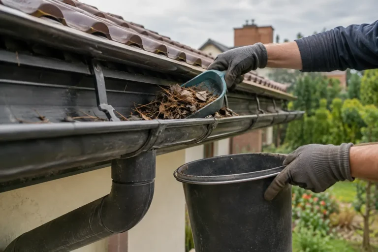Usuwanie liści i zanieczyszczeń z rynny przed jesienią