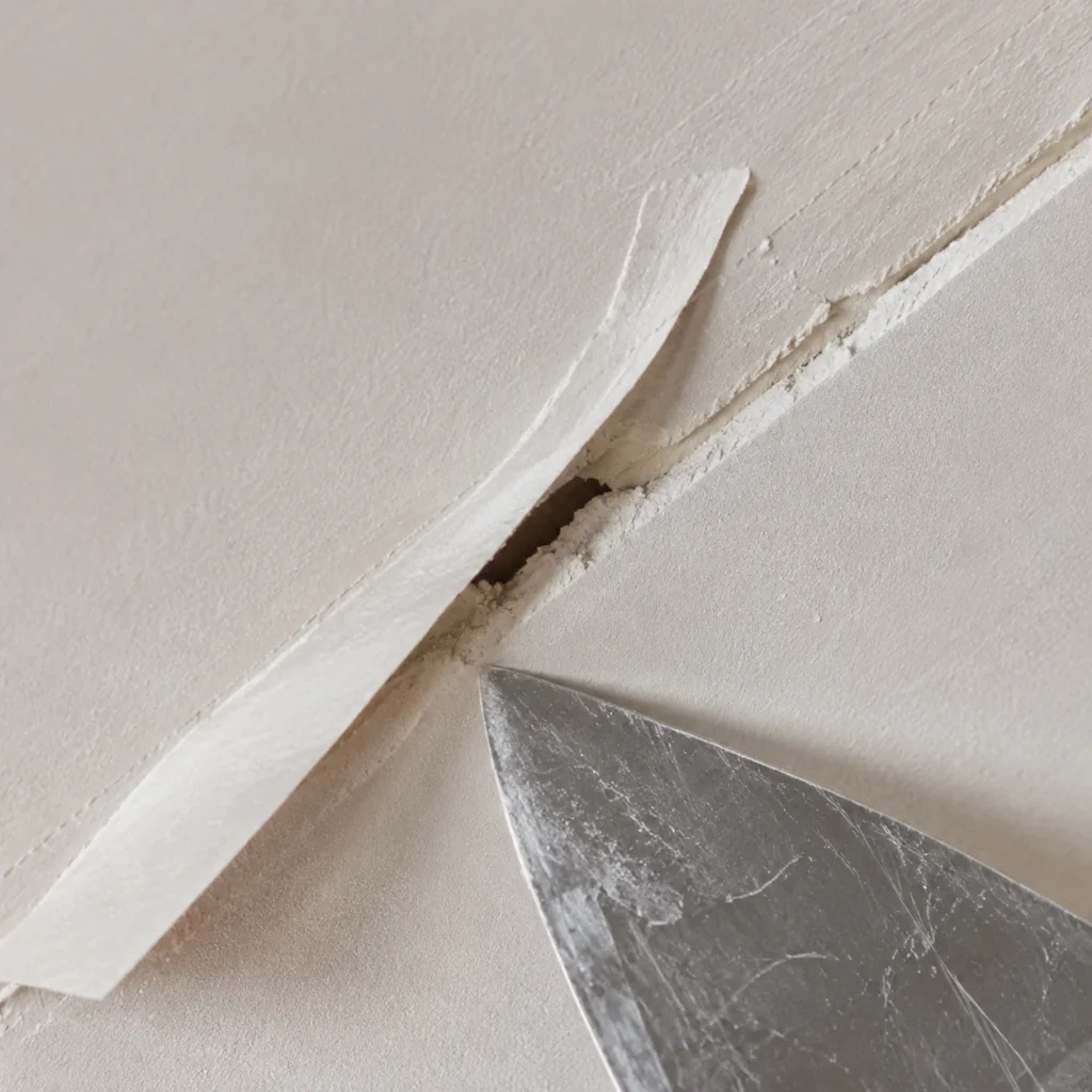 Zbliżenie na odspojoną taśmę papierową na łączeniu płyt g-k