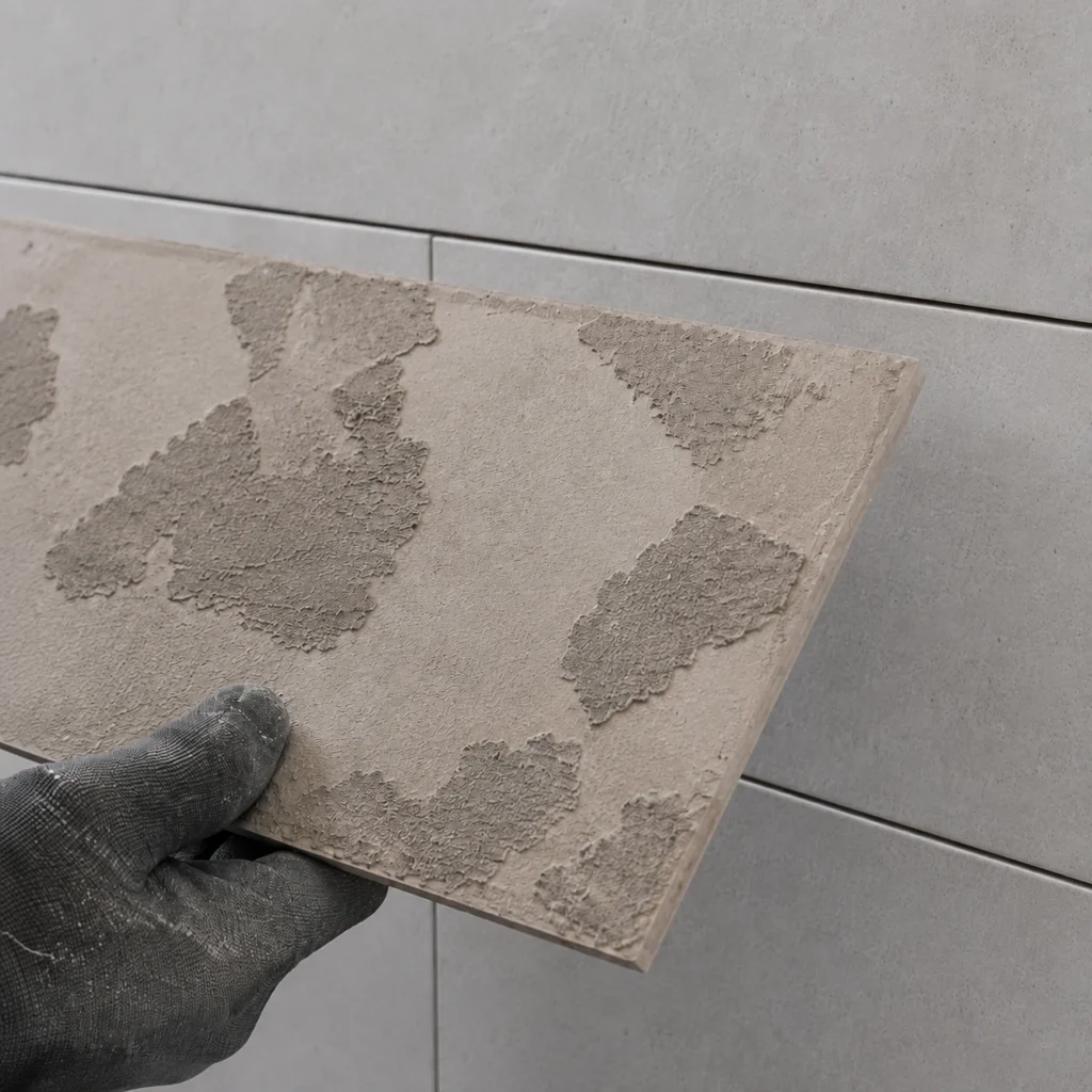 Zdjęta płytka ceramiczna dopasowana do otworu w ścianie z widocznymi śladami kleju