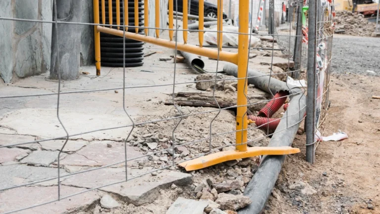 Zabezpieczony teren prac rozbiórkowych z ogrodzeniem budowlanym, gruzem i instalacjami przy budynku.