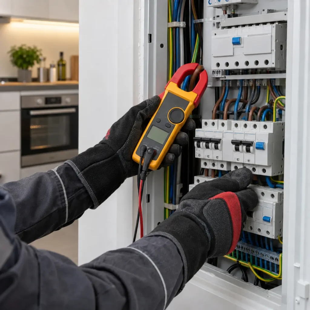 Elektryk wykonuje pomiar w rozdzielnicy obwodu piekarnika