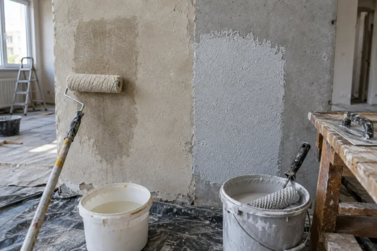 Wałek z gruntem na chłonnym tynku obok szorstkiej warstwy sczepnej na betonie