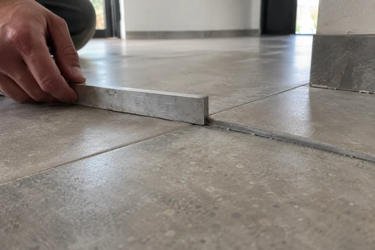 Kontrola nierówności płytek podłogowych przy pomocy metalowej łaty