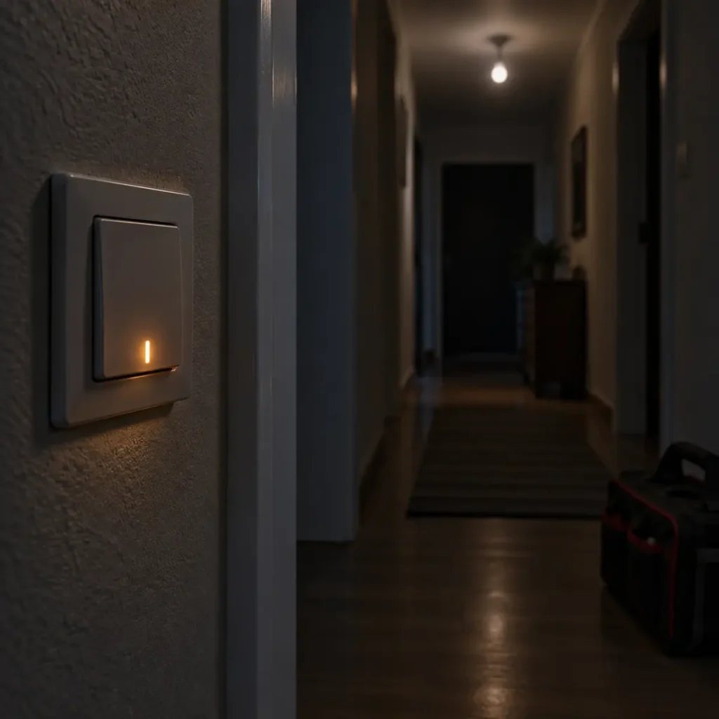 Podświetlany włącznik oraz świecąca lampa LED w korytarzu
