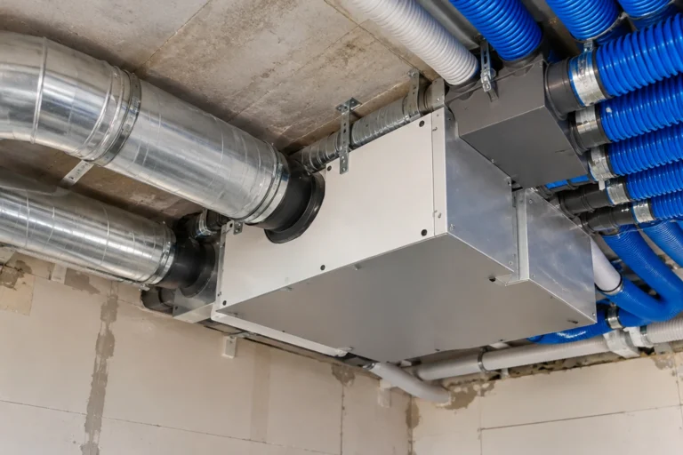 Instalacja rekuperacji w domu z większym kanałem głównym i kilkoma mniejszymi przewodami rozdzielczymi.