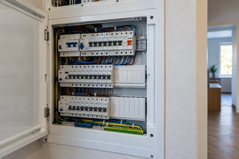 Otwarta domowa rozdzielnica elektryczna z zabezpieczeniami i wolnymi modułami na przyszłą rozbudowę.